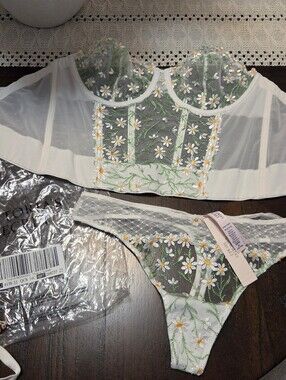 Victoria' Secret Floral Embroidered Sheer Bralette & Thong Set - White